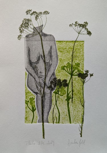 Thalie Trois grâces nue gravure Tetrapak monotype