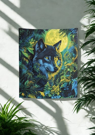 tapestry of a wolf on the wall