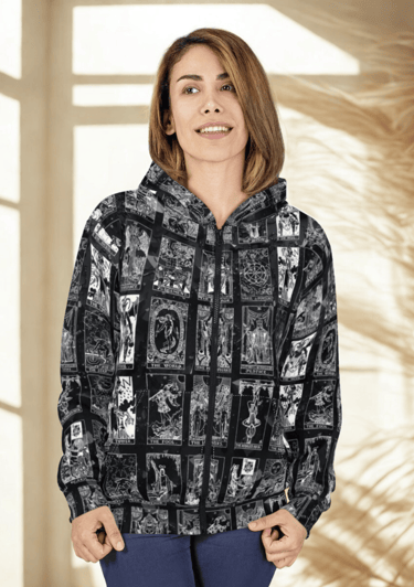 a woman in a black and white jacket 