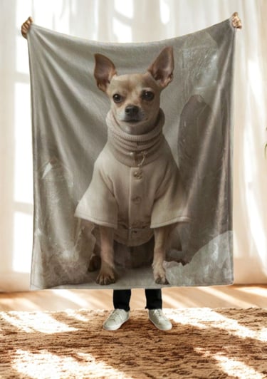 someone holding up a dog blanket