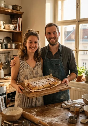 A smiling couple in aprons holding a freshly baked Apple Strudel on a wooden board in a cozy Vienna cooking class kitchen