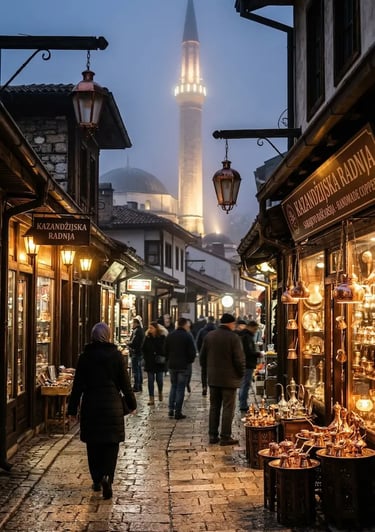 Baščaršija bazaar Sarajevo at night with mosque minaret