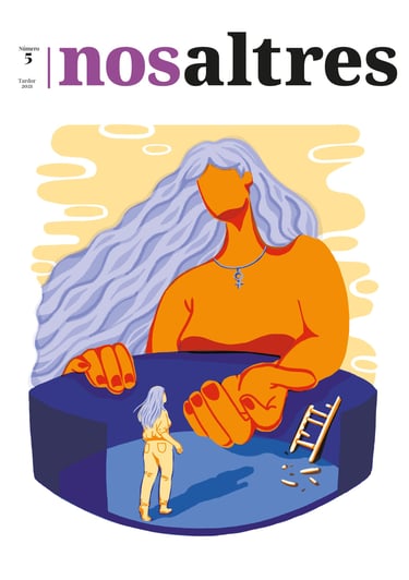 magazine cover of a big woman about to take a small woman out of a cage with a broken ladder