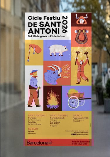 A poster in a glass door showing some illustrations for a city festival
