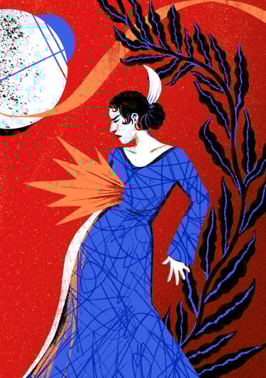 a woman in a blue flamenco dress with fire in her chest and a moon in the background