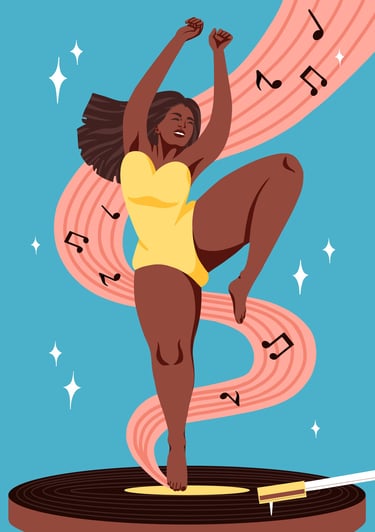 a black woman in a yellow suit is dancing on a vinyl record, music in the background