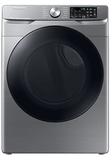 Front view of a modern samsung washing machine with a digital display and front-loading design.