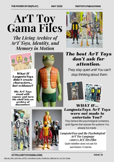 A magazine layout for Art Toy Gama Files featuring LangostaToys designer figures, including a frog character and alien