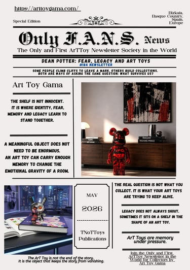 Only F.A.N.S. newsletter featuring designer art toys including a patterned bear figure in a modern room.