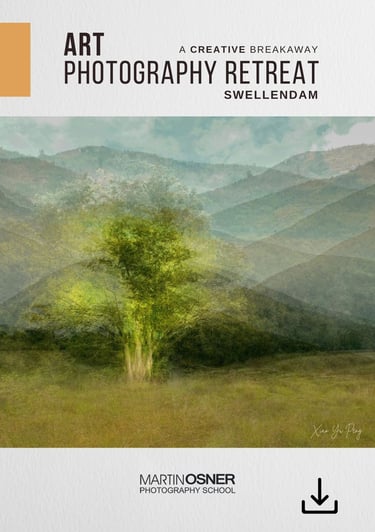Brochure, with a glowing green tree with misty mountains at Swellendam Art and Photography Retreat.