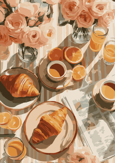 A French breakfast spread featuring croissants, orange juice, and pink roses on a striped tablecloth.