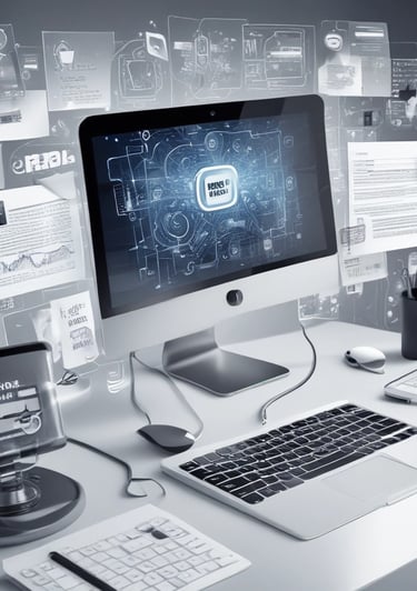 A sleek dark blue and purple themed digital workspace with icons representing AI prompts, wellness, productivity, and creator resources.