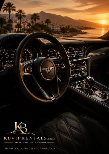 Luxury Bentley interior with leather steering wheel during a sunset in Marbella.