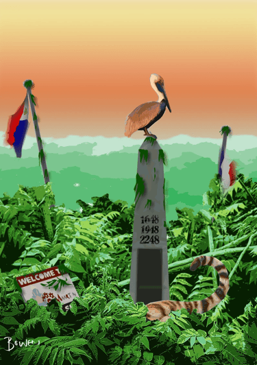 Digital artwork of lush jungle with border marker, pelican, and tiger