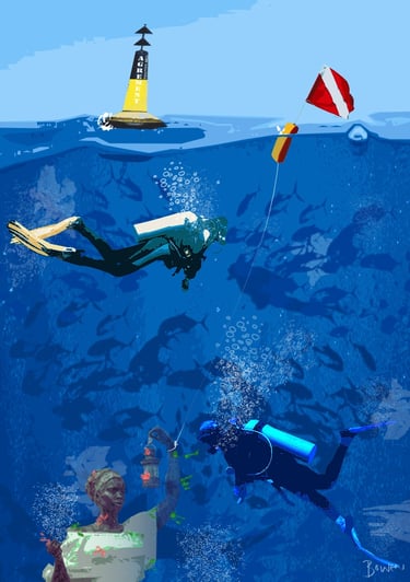 Scuba divers swimming near an underwater statue of Lady Liberty