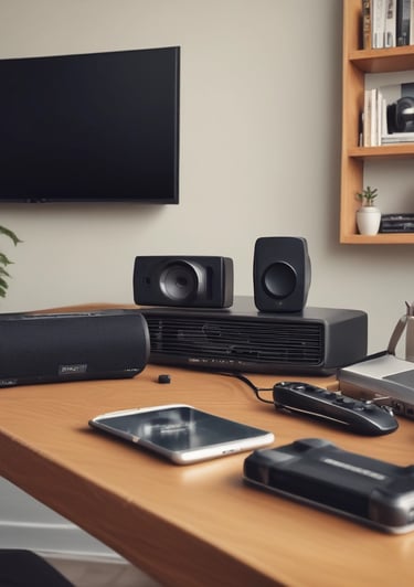 a table with a bunch of electronics and a remote control