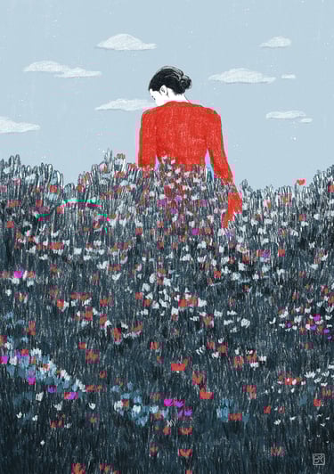 illustration of a woman in a red dress standing in a field of flowers