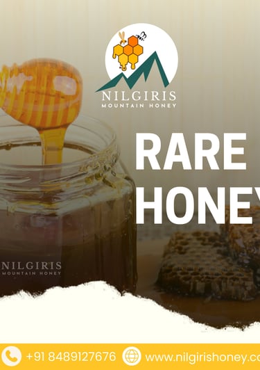 Pure Nilgiris mountain honey dripping from a wooden dipper into a glass jar with fresh honeycomb.