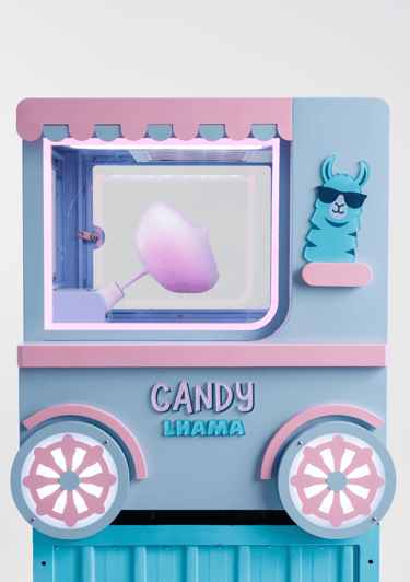 Máquina automática de algodão doce rosa em formato de carrinho de lhama azul com um algodão doce