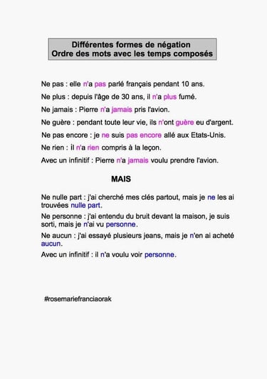 Ordre des mots des différentes formes de négation en français
