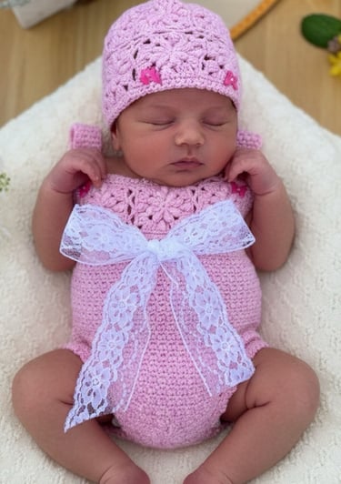 Sleeping newborn baby girl wearing a pink crochet romper and matching hat with white lace bow.