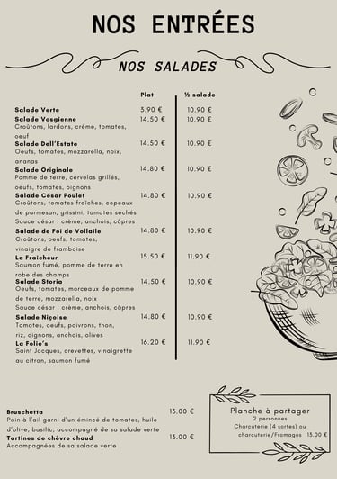 carte des entrées et planches