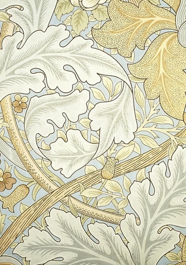 Intricate William Morris pattern featuring birds, flowers, and decorative foliage inspired by nature