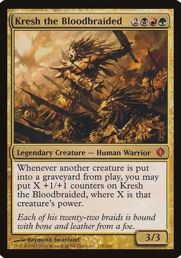 Kresh the Bloodbraided legendary human warrior Magic: The Gathering card featuring fantasy battle artwork.