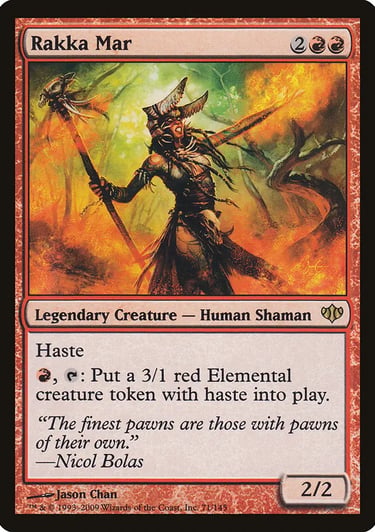 Rakka Mar Magic the Gathering card featuring a red human shaman wielding a staff amidst fire.