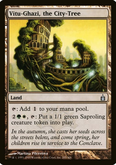 Vitu-Ghazi, the City-Tree Magic: The Gathering land card featuring a massive tree integrated into stone architecture.