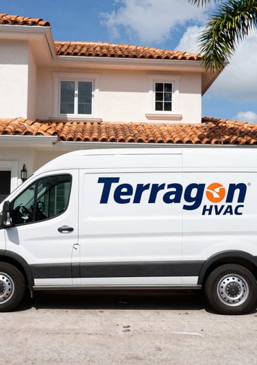 A skilled HVAC technician carefully installing a sleek air conditioning unit in a modern South Florida home.