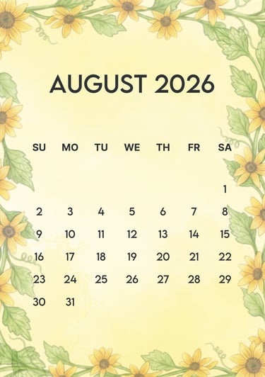 August 2026 Sunflower border free calendar A4 JPG Full
