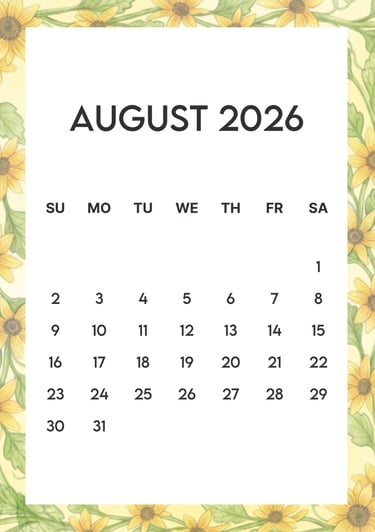 August 2026 Sunflower border free calendar A4 JPG