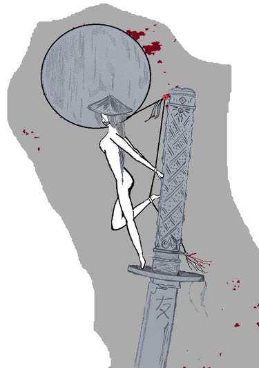 Ilustración de una dama japonesa atada a una empuñadura de katana, de Óscar Ocaña Parrón