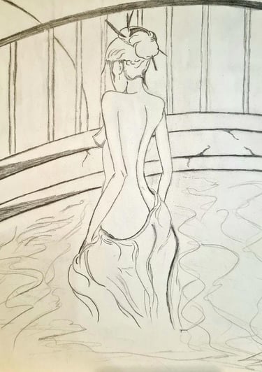 Dibujo a lápiz representando a 'Li Sao saliendo del estanque', de Óscar Ocaña Parrón