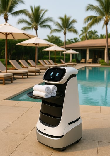 Robot di servizio in un resort di lusso consegna asciugamani accanto alla piscina-