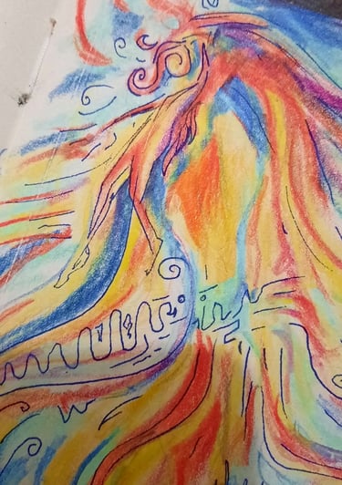 illustration aux tons bleus et orangés, réalisée au crayons de couleurs et feutre fin on distingue visage paysage et corps