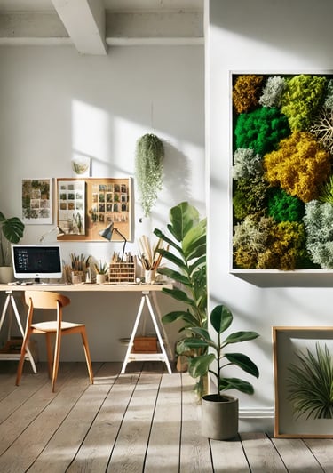 a desk with a laptop on a wooden table mosswall