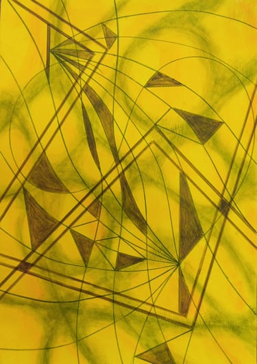 Broken Frame — geometric triangular forms with intersecting lines on yellow ground, by Zanda
