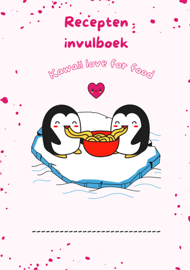 voorkant van recepten invulboek kawaii love for food met schattige pinguïns die pasta eten