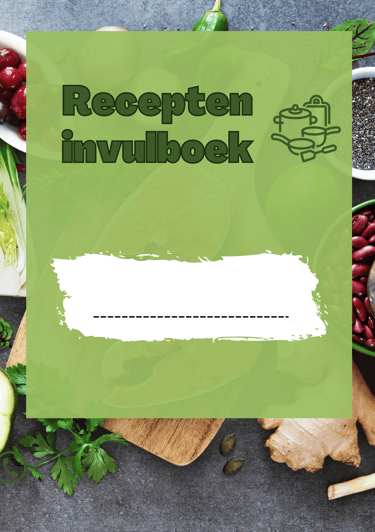 voorkant van recepten invulboek met een snijplank en ingrediënten