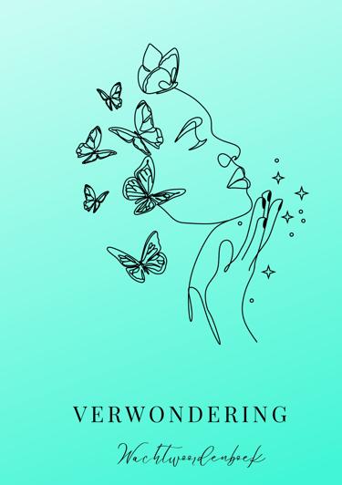 voorkant van wachtwoordenboekje verwondering met een lijntekening van een vouw en vlinders op