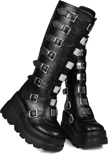 Goth Womens Wedge Platform High Knee Boots