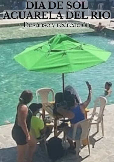 Grupo de personas divirtiéndose al rededor de una piscina bajo la sombra de una sombrilla playera