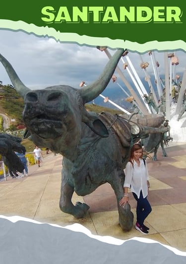 Chica junto a una escultura del monumento a la santanderianidad en el parque Chicamocha