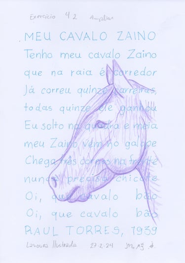 Exercício sobre ampliar desenhos com letras e um cavalo do Jaum para a Lavoura Ilustrada, 2024