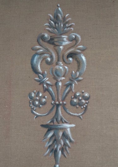 Ornementation théâtrale peinte sur une toile de jute pour le décor d'une pièce de théâtre.