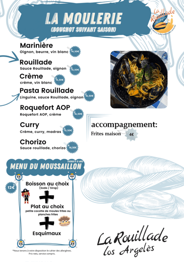 Page moulerie du menu : moules cuisinées maison, sauce Rouillade emblématique, accompagnements.