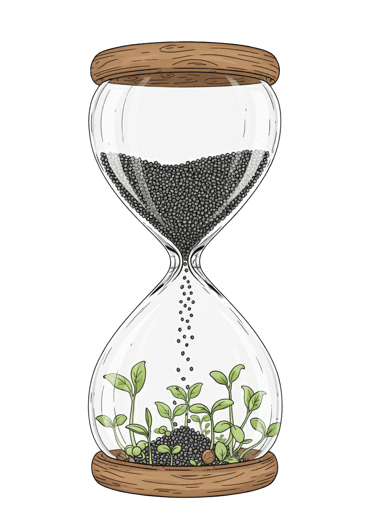 A glass hourglass, © 2025