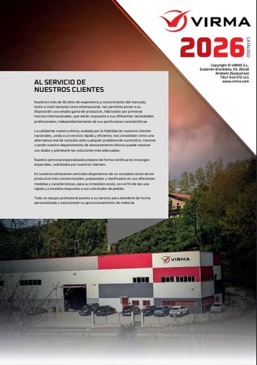 Catálogo 2026 de suministros industriales Virma con imagen de sus instalaciones logísticas.